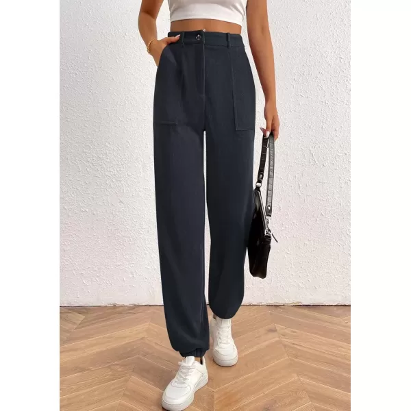 imagePRETTYGARDEN Womens Dressy Casual Pants Elastic High Waisted Work Office Corduroy Trouser Slacks with PocketsNavy