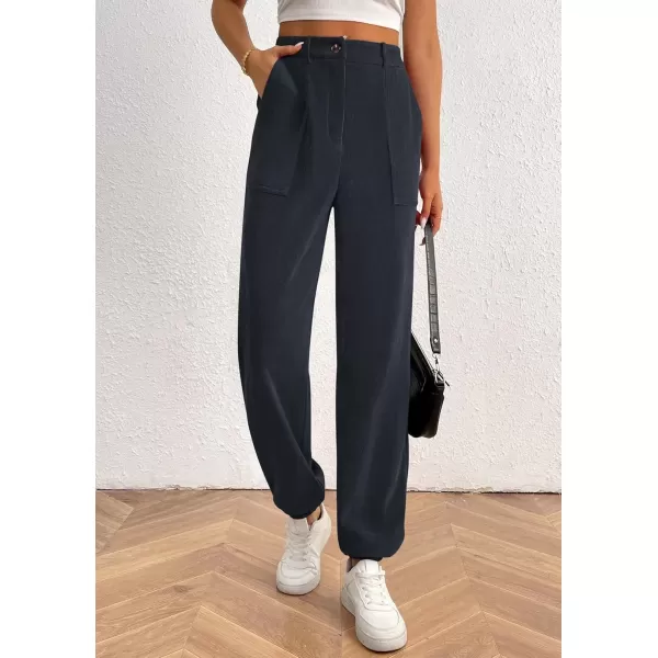 imagePRETTYGARDEN Womens Dressy Casual Pants Elastic High Waisted Work Office Corduroy Trouser Slacks with PocketsNavy