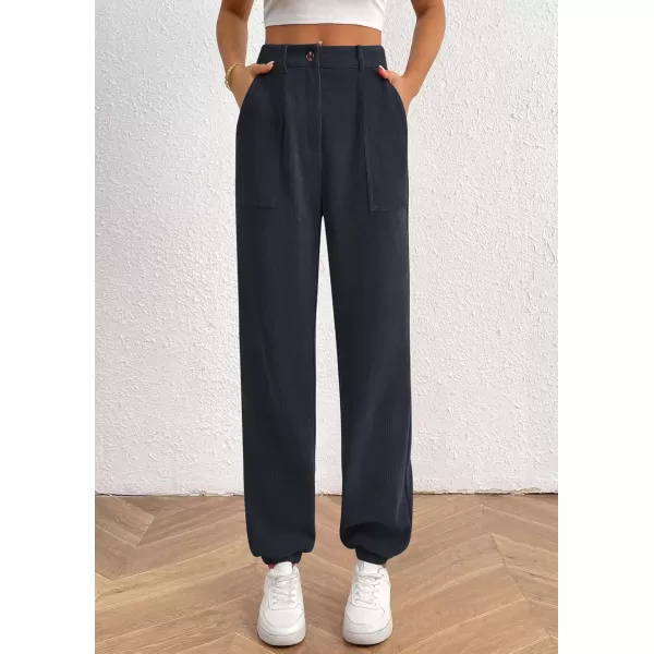 imagePRETTYGARDEN Womens Dressy Casual Pants Elastic High Waisted Work Office Corduroy Trouser Slacks with PocketsNavy