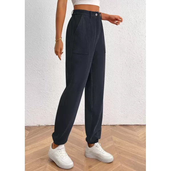 imagePRETTYGARDEN Womens Dressy Casual Pants Elastic High Waisted Work Office Corduroy Trouser Slacks with PocketsNavy