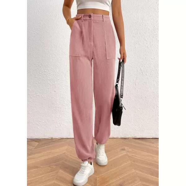 imagePRETTYGARDEN Womens Dressy Casual Pants Elastic High Waisted Work Office Corduroy Trouser Slacks with PocketsPink