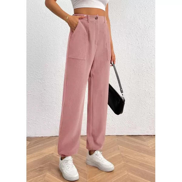 imagePRETTYGARDEN Womens Dressy Casual Pants Elastic High Waisted Work Office Corduroy Trouser Slacks with PocketsPink