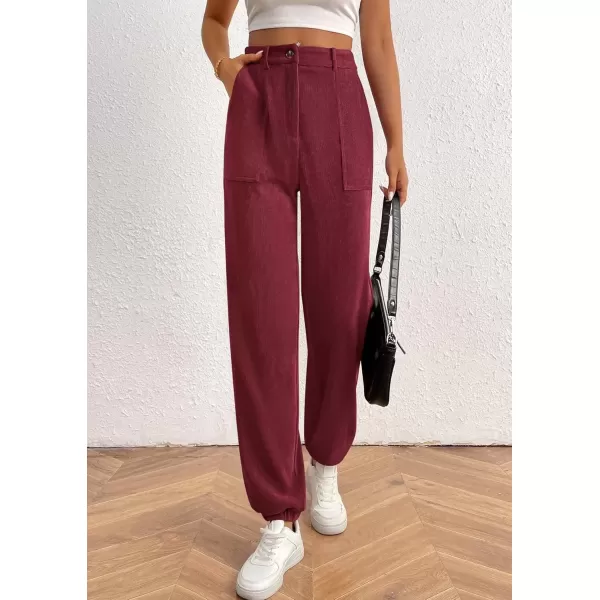 imagePRETTYGARDEN Womens Dressy Casual Pants Elastic High Waisted Work Office Corduroy Trouser Slacks with PocketsWine Red