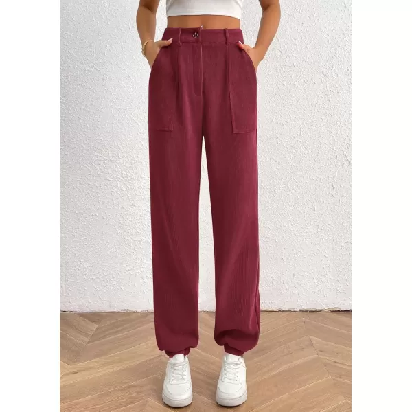 imagePRETTYGARDEN Womens Dressy Casual Pants Elastic High Waisted Work Office Corduroy Trouser Slacks with PocketsWine Red