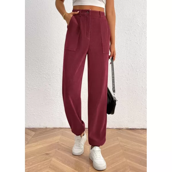imagePRETTYGARDEN Womens Dressy Casual Pants Elastic High Waisted Work Office Corduroy Trouser Slacks with PocketsWine Red