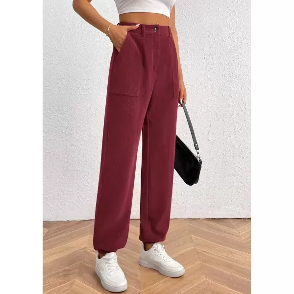 imagePRETTYGARDEN Womens Dressy Casual Pants Elastic High Waisted Work Office Corduroy Trouser Slacks with PocketsWine Red