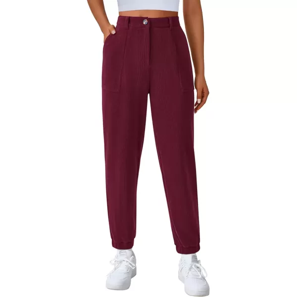 imagePRETTYGARDEN Womens Dressy Casual Pants Elastic High Waisted Work Office Corduroy Trouser Slacks with PocketsWine Red