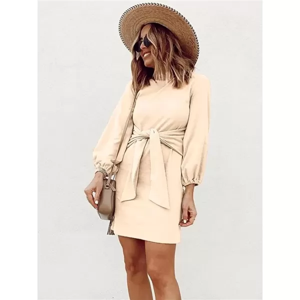 imagePRETTYGARDEN Womens Elegant Long Lantern Sleeve Short Dress Crewneck Tie Waist Knit Cocktail DressApricot