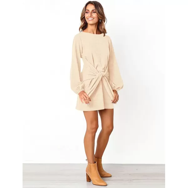 imagePRETTYGARDEN Womens Elegant Long Lantern Sleeve Short Dress Crewneck Tie Waist Knit Cocktail DressApricot