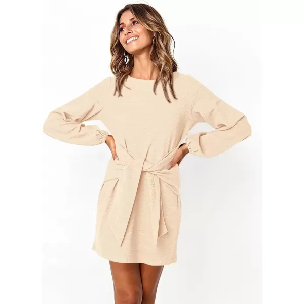 imagePRETTYGARDEN Womens Elegant Long Lantern Sleeve Short Dress Crewneck Tie Waist Knit Cocktail DressApricot