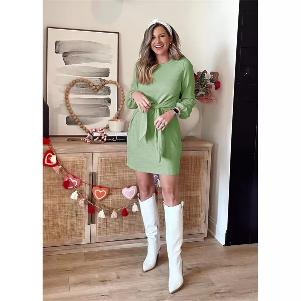 imagePRETTYGARDEN Womens Elegant Long Lantern Sleeve Short Dress Crewneck Tie Waist Knit Cocktail DressBean Green