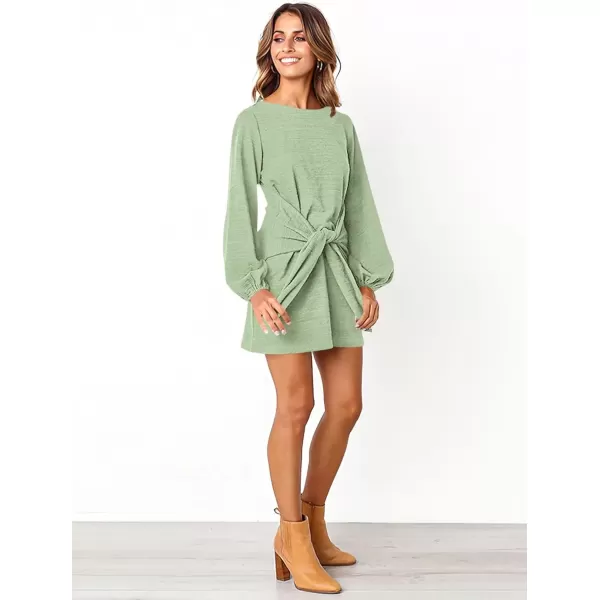 imagePRETTYGARDEN Womens Elegant Long Lantern Sleeve Short Dress Crewneck Tie Waist Knit Cocktail DressBean Green