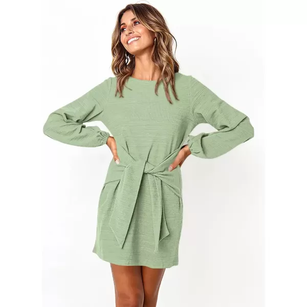 imagePRETTYGARDEN Womens Elegant Long Lantern Sleeve Short Dress Crewneck Tie Waist Knit Cocktail DressBean Green
