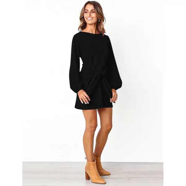 imagePRETTYGARDEN Womens Elegant Long Lantern Sleeve Short Dress Crewneck Tie Waist Knit Cocktail DressBlack