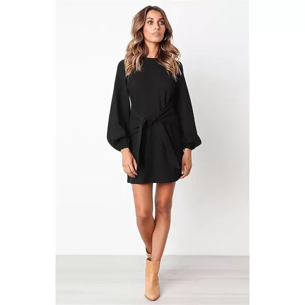 imagePRETTYGARDEN Womens Elegant Long Lantern Sleeve Short Dress Crewneck Tie Waist Knit Cocktail DressBlack