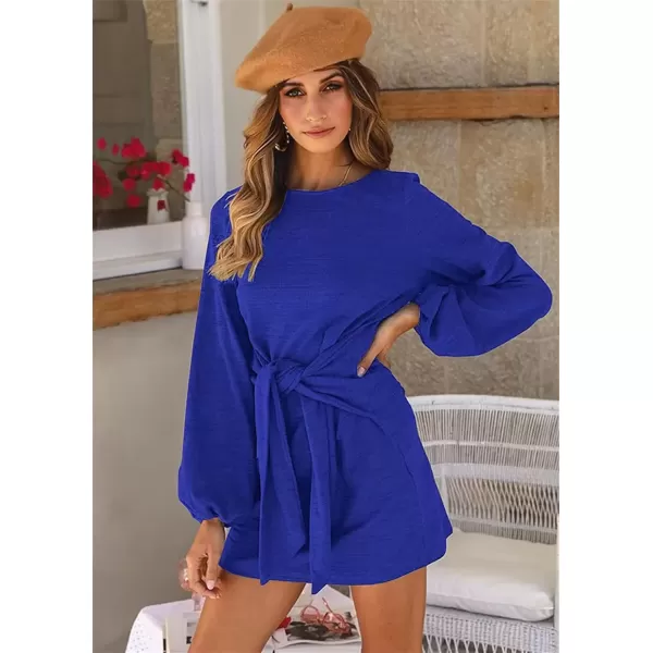 imagePRETTYGARDEN Womens Elegant Long Lantern Sleeve Short Dress Crewneck Tie Waist Knit Cocktail DressBlue