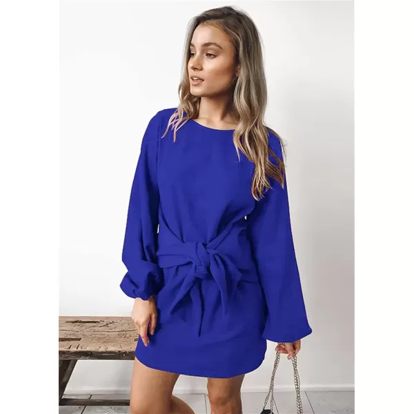 imagePRETTYGARDEN Womens Elegant Long Lantern Sleeve Short Dress Crewneck Tie Waist Knit Cocktail DressBlue