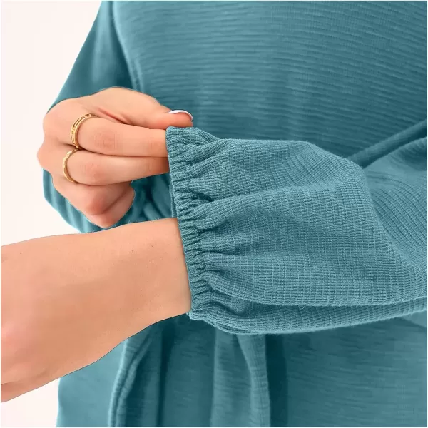 imagePRETTYGARDEN Womens Elegant Long Lantern Sleeve Short Dress Crewneck Tie Waist Knit Cocktail DressBlue Green