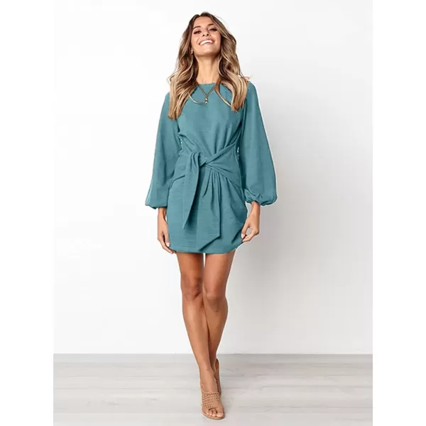 imagePRETTYGARDEN Womens Elegant Long Lantern Sleeve Short Dress Crewneck Tie Waist Knit Cocktail DressBlue Green