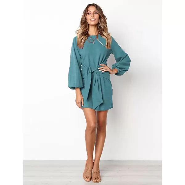 imagePRETTYGARDEN Womens Elegant Long Lantern Sleeve Short Dress Crewneck Tie Waist Knit Cocktail DressBlue Green