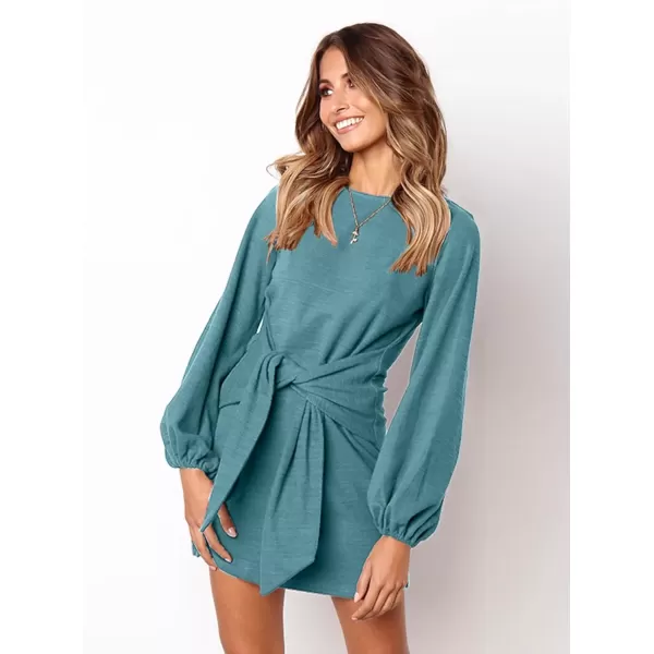 imagePRETTYGARDEN Womens Elegant Long Lantern Sleeve Short Dress Crewneck Tie Waist Knit Cocktail DressBlue Green