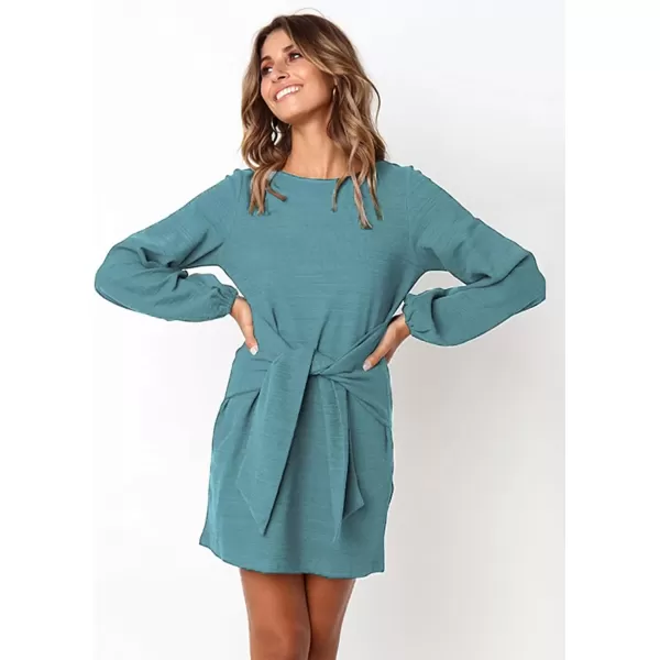 imagePRETTYGARDEN Womens Elegant Long Lantern Sleeve Short Dress Crewneck Tie Waist Knit Cocktail DressBlue Green
