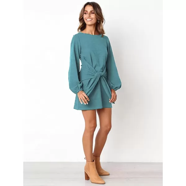 imagePRETTYGARDEN Womens Elegant Long Lantern Sleeve Short Dress Crewneck Tie Waist Knit Cocktail DressBlue Green