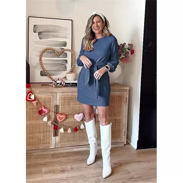 imagePRETTYGARDEN Womens Elegant Long Lantern Sleeve Short Dress Crewneck Tie Waist Knit Cocktail DressBlue Grey