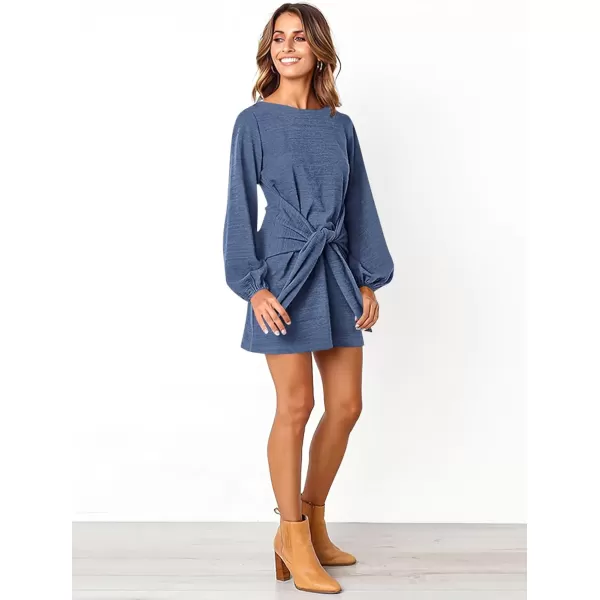 imagePRETTYGARDEN Womens Elegant Long Lantern Sleeve Short Dress Crewneck Tie Waist Knit Cocktail DressBlue Grey