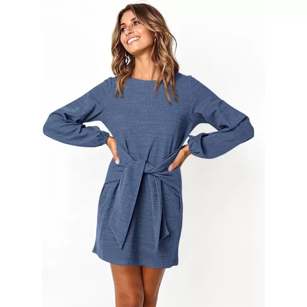 imagePRETTYGARDEN Womens Elegant Long Lantern Sleeve Short Dress Crewneck Tie Waist Knit Cocktail DressBlue Grey