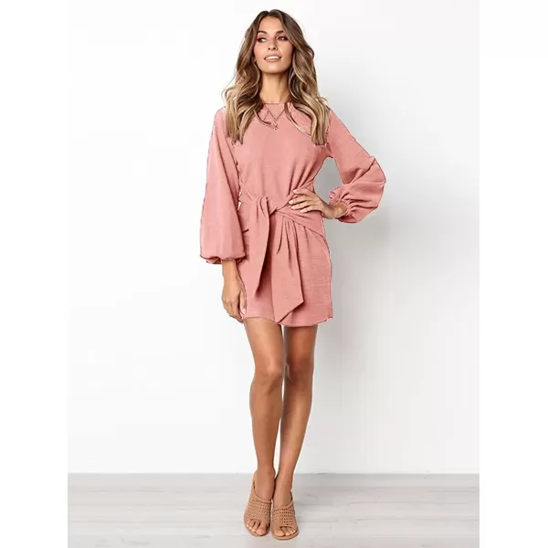 imagePRETTYGARDEN Womens Elegant Long Lantern Sleeve Short Dress Crewneck Tie Waist Knit Cocktail DressCoral Pink
