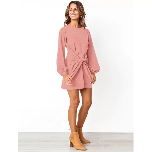 imagePRETTYGARDEN Womens Elegant Long Lantern Sleeve Short Dress Crewneck Tie Waist Knit Cocktail DressCoral Pink