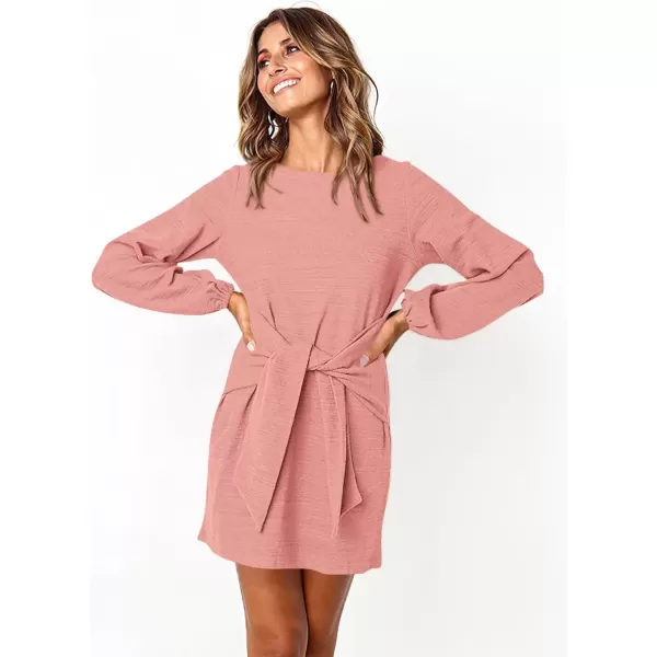 imagePRETTYGARDEN Womens Elegant Long Lantern Sleeve Short Dress Crewneck Tie Waist Knit Cocktail DressCoral Pink