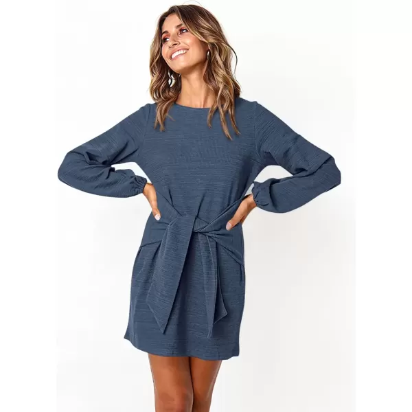 imagePRETTYGARDEN Womens Elegant Long Lantern Sleeve Short Dress Crewneck Tie Waist Knit Cocktail DressDark Blue