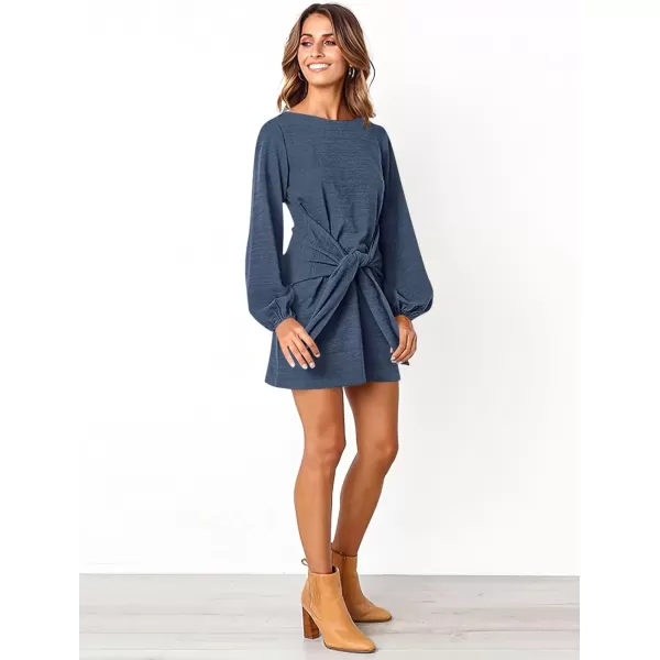 imagePRETTYGARDEN Womens Elegant Long Lantern Sleeve Short Dress Crewneck Tie Waist Knit Cocktail DressDark Blue