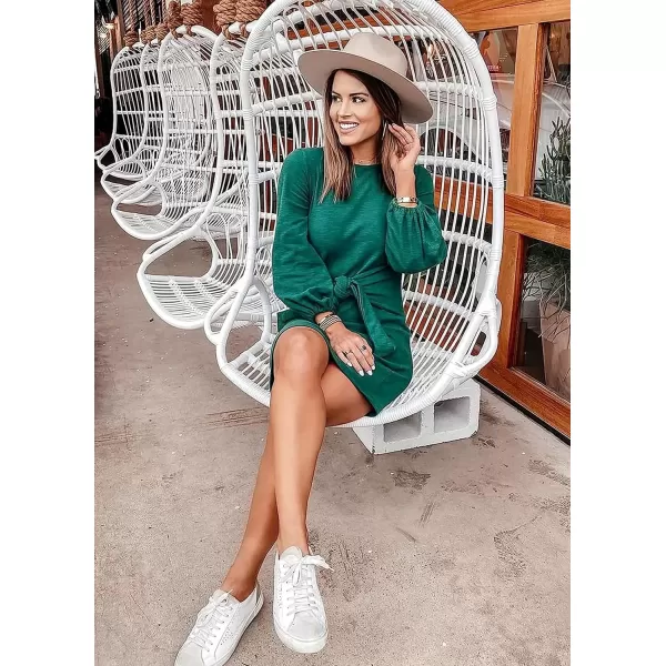 imagePRETTYGARDEN Womens Elegant Long Lantern Sleeve Short Dress Crewneck Tie Waist Knit Cocktail DressDark Green