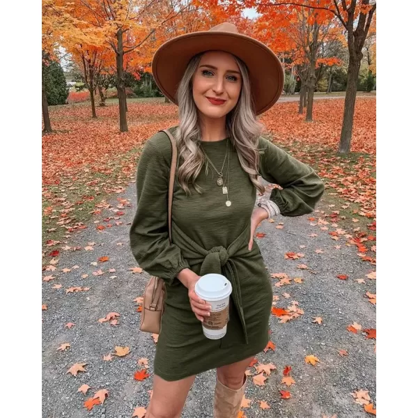 imagePRETTYGARDEN Womens Elegant Long Lantern Sleeve Short Dress Crewneck Tie Waist Knit Cocktail DressGreen