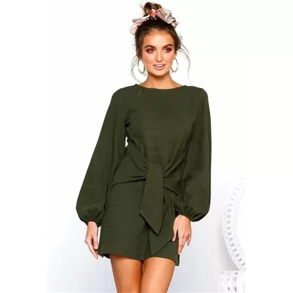 imagePRETTYGARDEN Womens Elegant Long Lantern Sleeve Short Dress Crewneck Tie Waist Knit Cocktail DressGreen