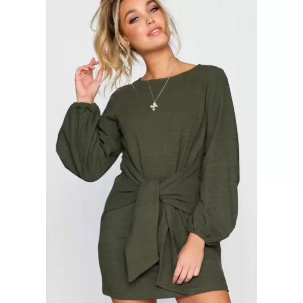 imagePRETTYGARDEN Womens Elegant Long Lantern Sleeve Short Dress Crewneck Tie Waist Knit Cocktail DressGreen