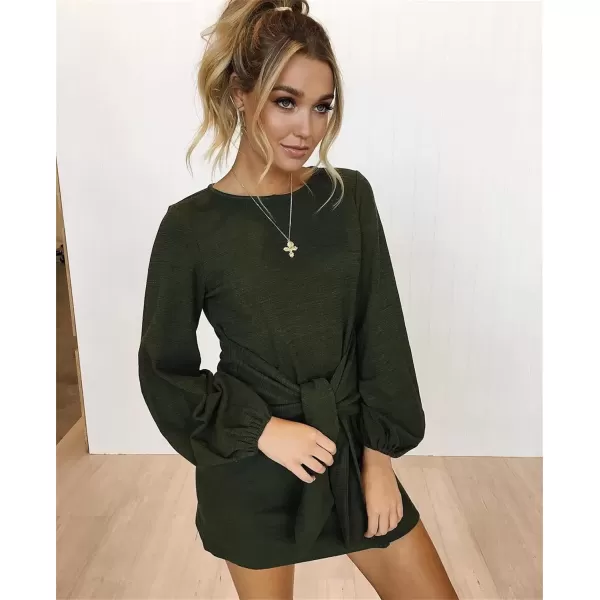 imagePRETTYGARDEN Womens Elegant Long Lantern Sleeve Short Dress Crewneck Tie Waist Knit Cocktail DressGreen