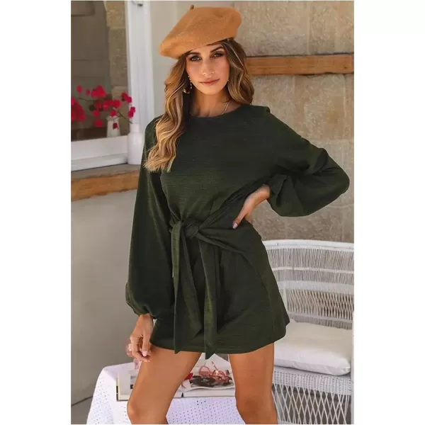imagePRETTYGARDEN Womens Elegant Long Lantern Sleeve Short Dress Crewneck Tie Waist Knit Cocktail DressGreen