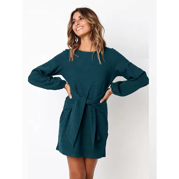 imagePRETTYGARDEN Womens Elegant Long Lantern Sleeve Short Dress Crewneck Tie Waist Knit Cocktail DressLake Blue
