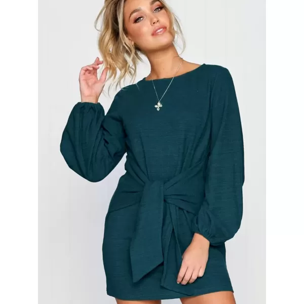 imagePRETTYGARDEN Womens Elegant Long Lantern Sleeve Short Dress Crewneck Tie Waist Knit Cocktail DressLake Blue