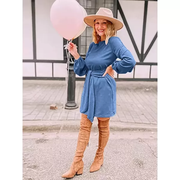 imagePRETTYGARDEN Womens Elegant Long Lantern Sleeve Short Dress Crewneck Tie Waist Knit Cocktail DressLight Blue