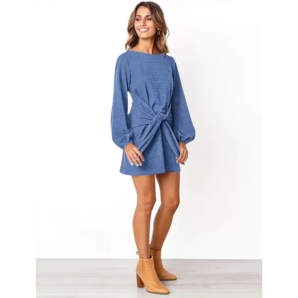 imagePRETTYGARDEN Womens Elegant Long Lantern Sleeve Short Dress Crewneck Tie Waist Knit Cocktail DressLight Blue