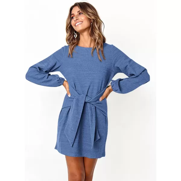 imagePRETTYGARDEN Womens Elegant Long Lantern Sleeve Short Dress Crewneck Tie Waist Knit Cocktail DressLight Blue