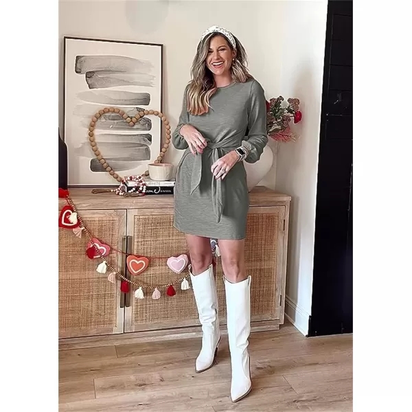 imagePRETTYGARDEN Womens Elegant Long Lantern Sleeve Short Dress Crewneck Tie Waist Knit Cocktail DressLight Grey