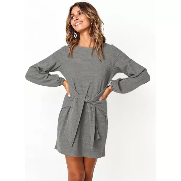 imagePRETTYGARDEN Womens Elegant Long Lantern Sleeve Short Dress Crewneck Tie Waist Knit Cocktail DressLight Grey