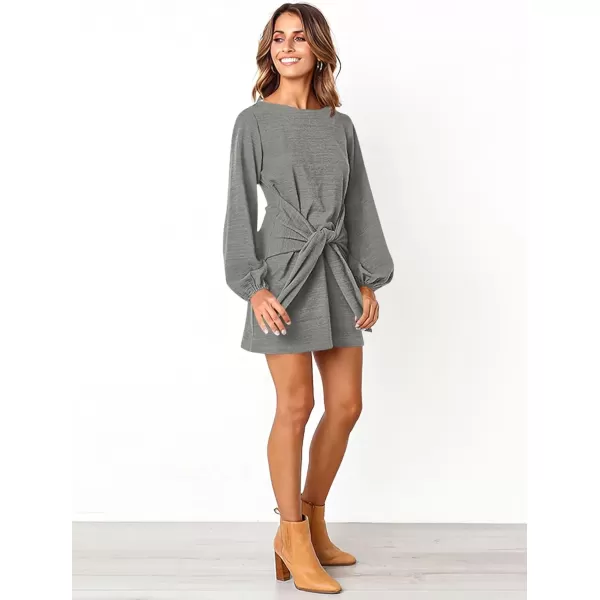 imagePRETTYGARDEN Womens Elegant Long Lantern Sleeve Short Dress Crewneck Tie Waist Knit Cocktail DressLight Grey