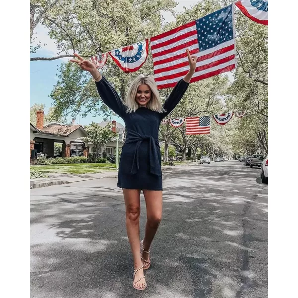 imagePRETTYGARDEN Womens Elegant Long Lantern Sleeve Short Dress Crewneck Tie Waist Knit Cocktail DressNavy